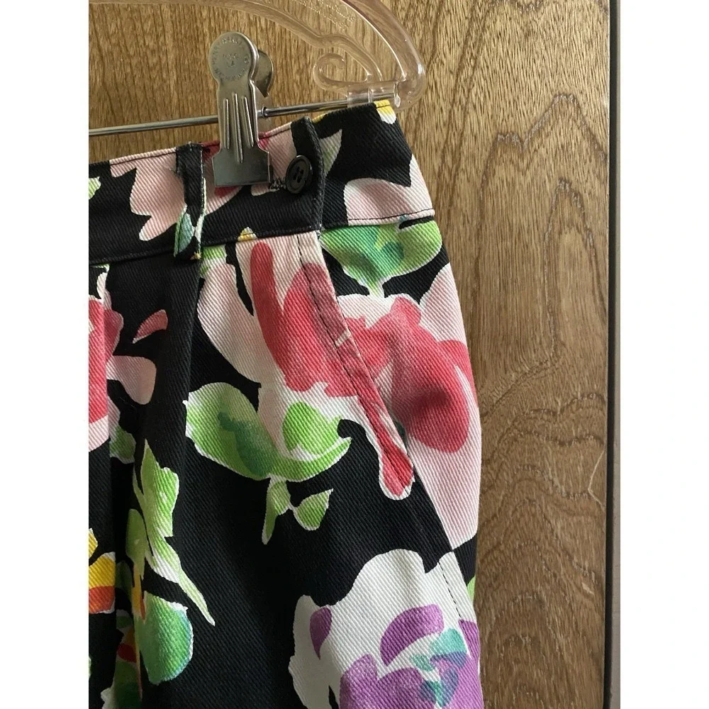 Vintage On The Verge Denim Black Multicolor Floral Pencil Skirt ButtonSlit 13/14